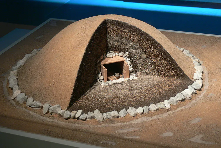 A reconstruction of a Celtic burial mound from the Hallstatt culture of Austria and central Europe in the 1st millennium BCE. 