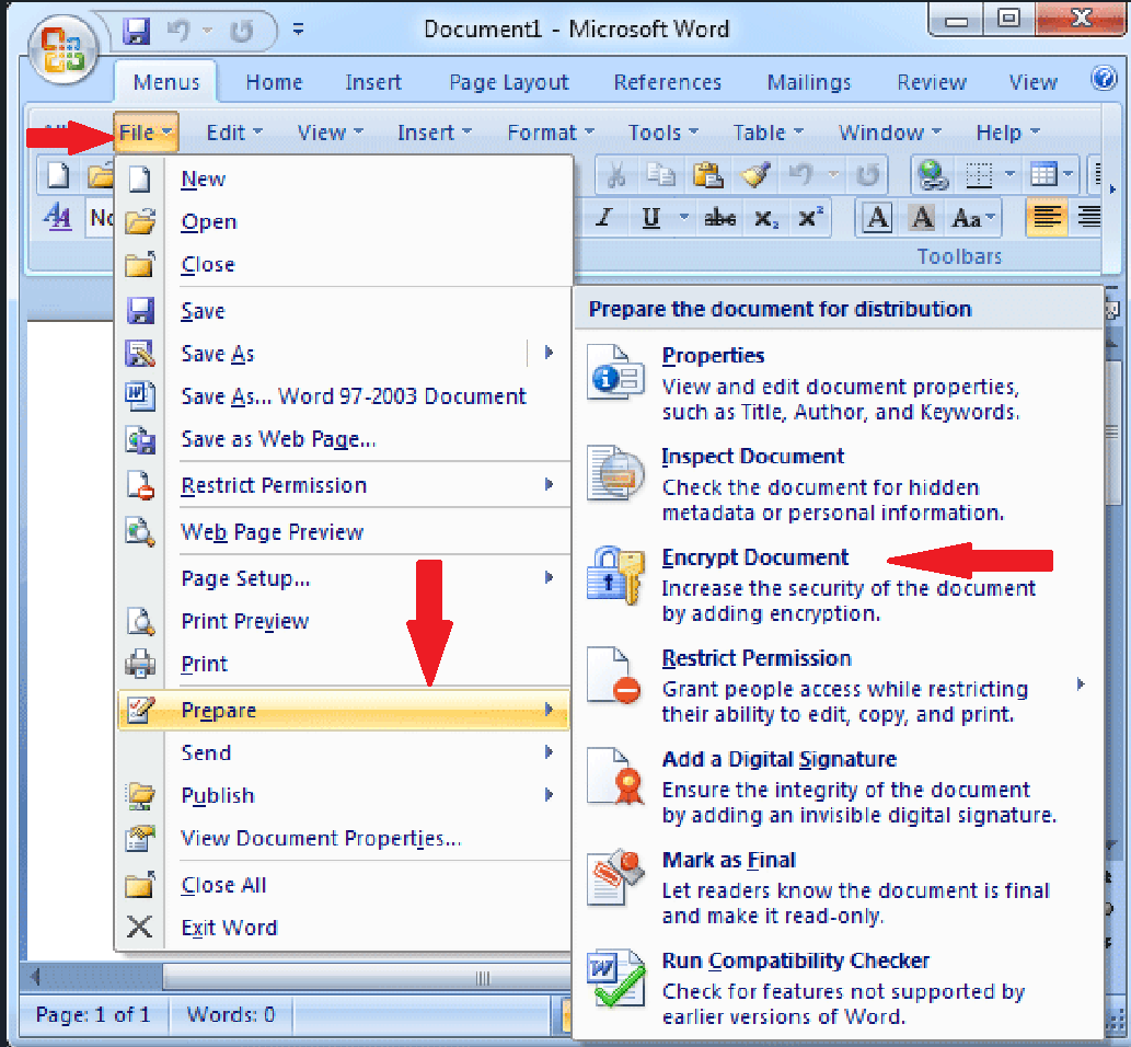 Screenshot of steps for password-protection in MS Word 2007