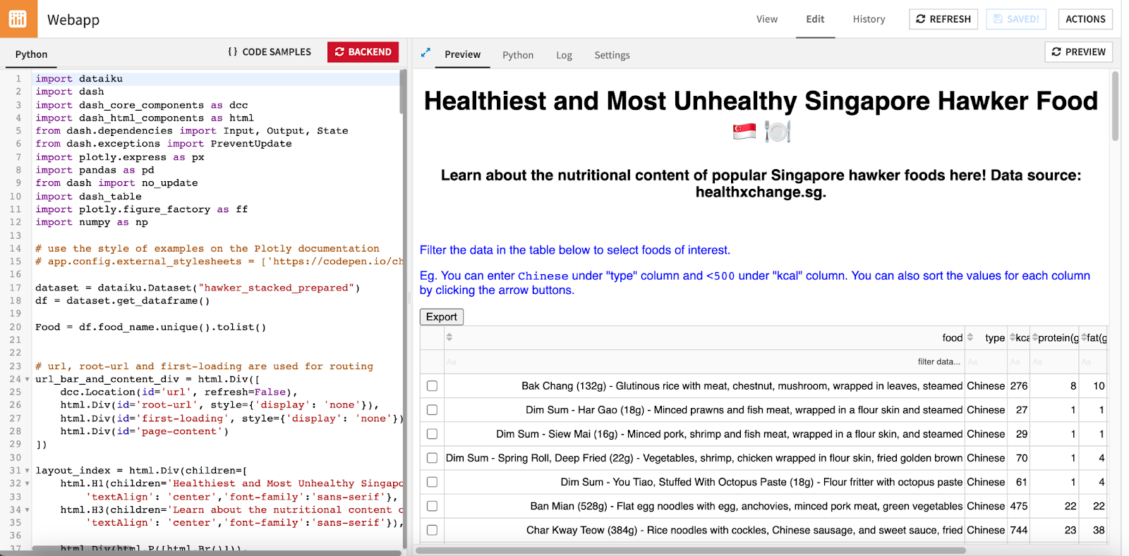 Figure 9. Webapp development interface within Dataiku showing code and preview of app side-by-side