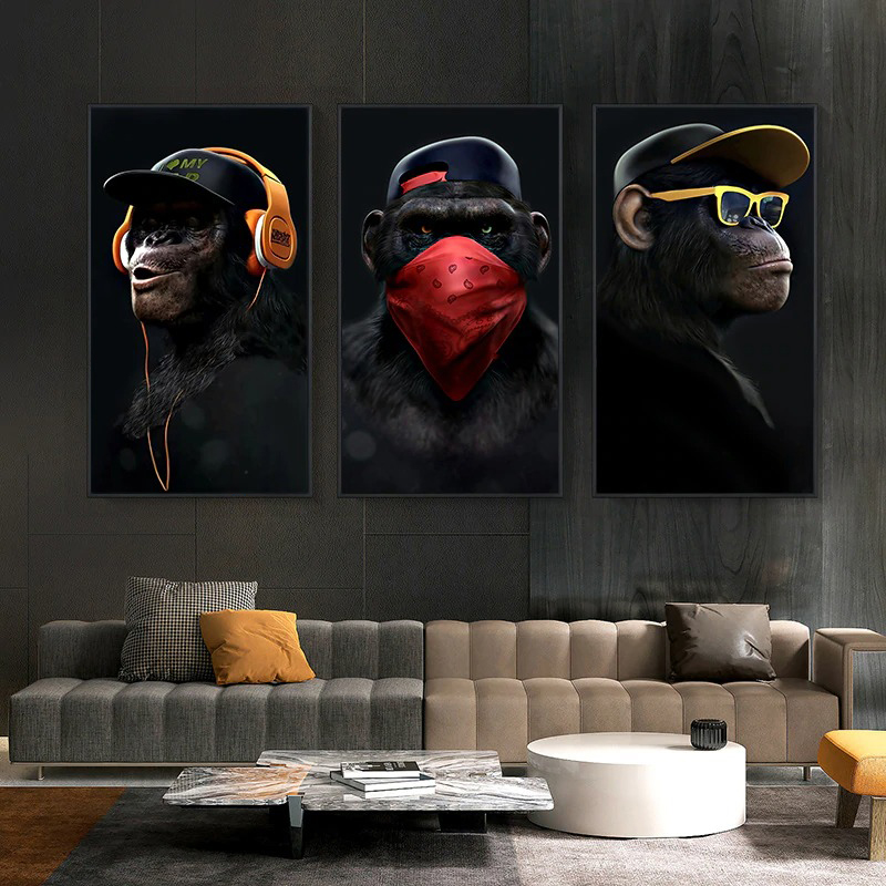 Three Wise Monkeys Gangster Gorilla Animal Funny Modern Wall Art Canvas