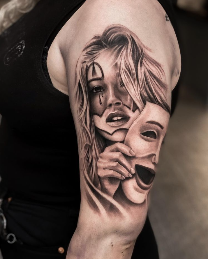 Smile Mask Girl Face Tattoo Design