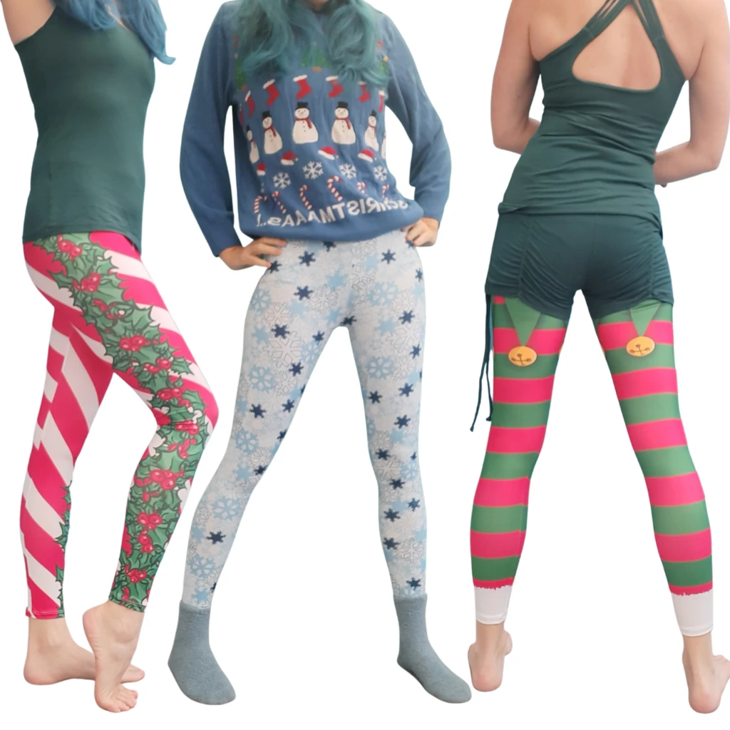 Three sets of Christmas leggings, one with holly, one with snowflakes and one like elf legs with green and red stipes