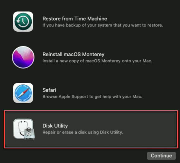 Recovery Mode > Disk Utility