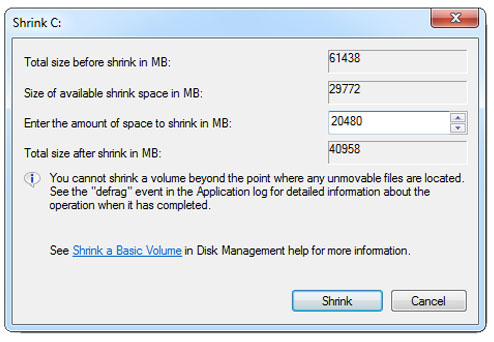 Select how much you want to shrink your drive in disk management window