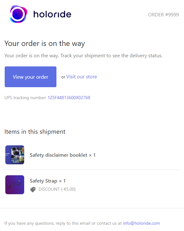 Screenshot of a sample shipping confirmation e-mail.