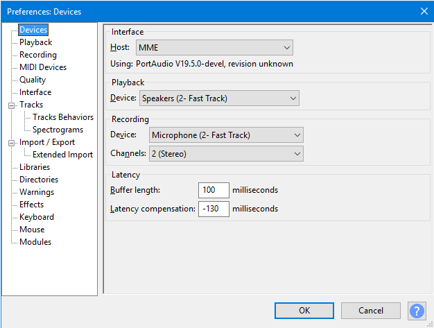 screenshot of Audacity software settings