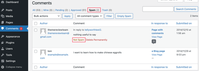 Remova os comentários da lista de spam clicando em Não é spam