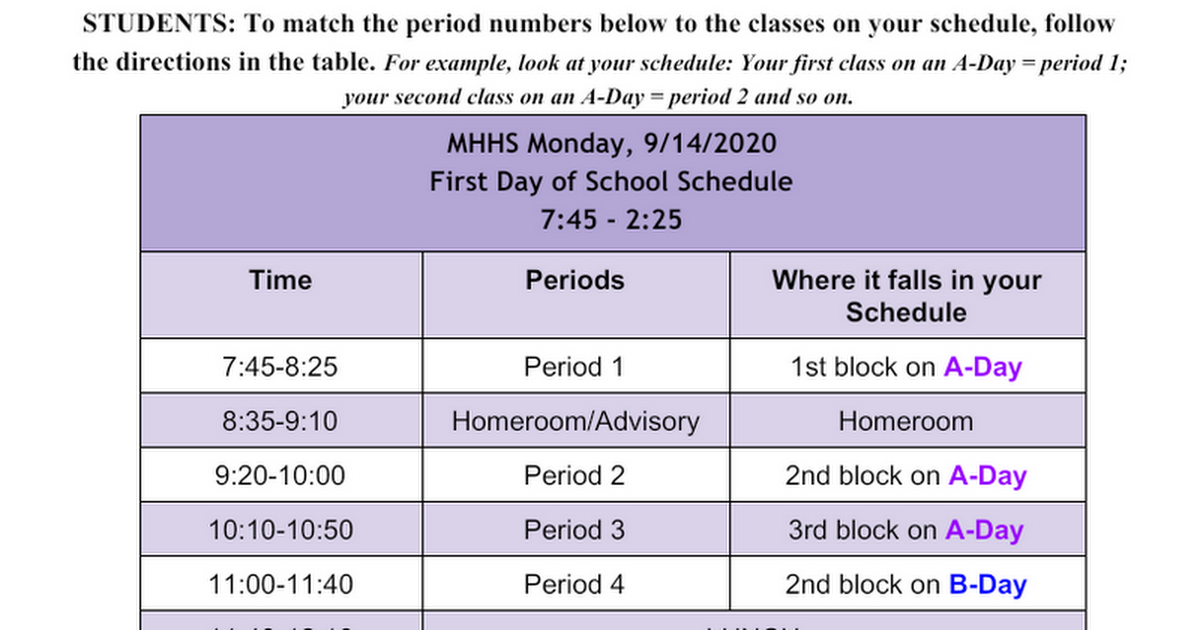 MHHS First Day of School Schedule
