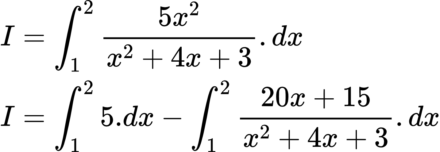 {"code":"\\begin{align*}\n{I}&={\\int_{1}^{2}\\frac{5x^{2}}{x^{2}+4x+3}.dx}\\\\\n{I}&={\\int_{1}^{2}5.dx-\\int_{1}^{2}\\frac{20x+15}{x^{2}+4x+3}.dx}\t\n\\end{align*}","id":"2-0-0-0-0-0-0-0-0-0-0-0-1-1-1-1-1-1-1-1-1-1-0-1-1-0-1-1-1-0-0","font":{"family":"Arial","color":"#000000","size":10},"type":"align*","ts":1601989492580,"cs":"jQTxvWYE1mUGNJ4Ae//Wmg==","size":{"width":238,"height":82}}