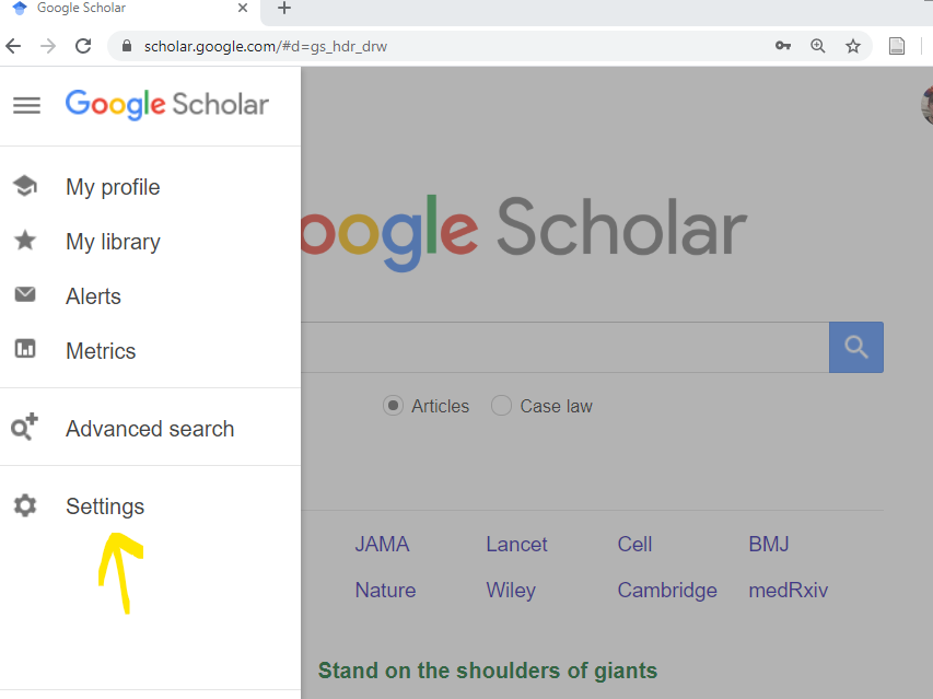 An open web browser tab with Google Scholar. In the top left corner is a menu icon composed of three gray horizontal bars. The user has clicked this icon and opened a menu of the following options: my profile, my library, alerts, metrics, advanced search, settings. A yellow arrow points to settings.