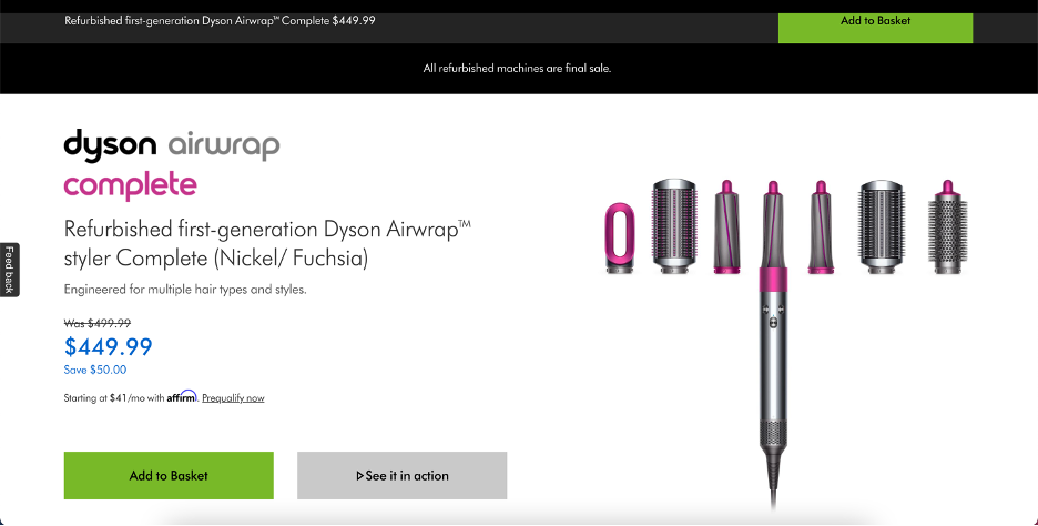 Dyson Outlet screenshot showing $50 off the dyson airwrap