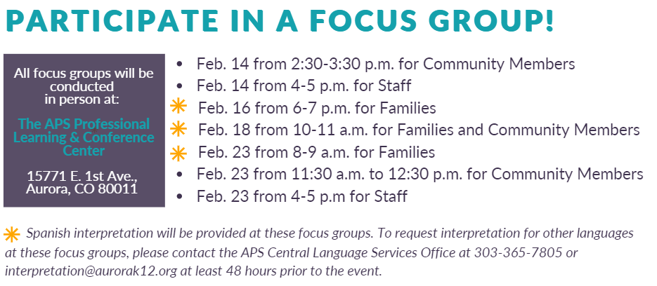 List of dates to participate in a superintendent search focus group.  Please read the text below this picture to learn of the dates.