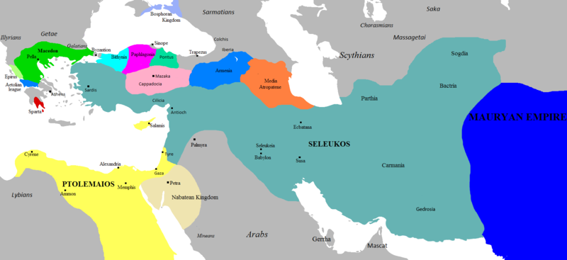 Map of the Hellenistic kingdoms and smaller surrounding kingdoms across the entire Middle Eastern region and Egypt.