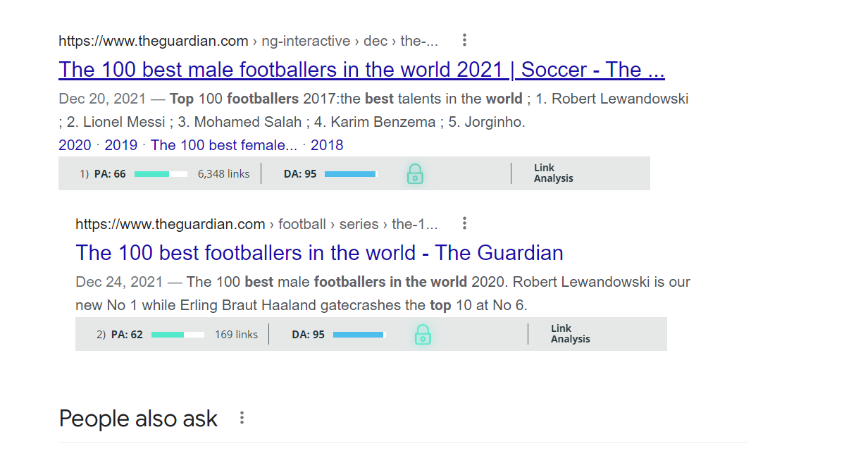 google search example for best players