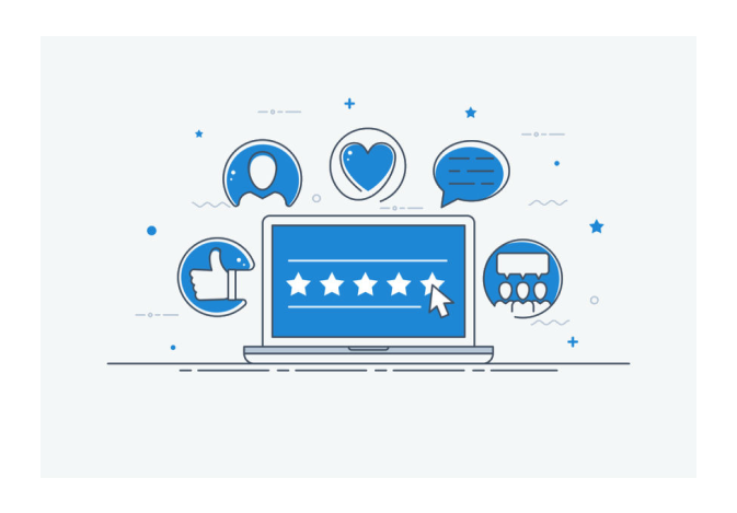 An abstract illustration showing a laptop screen with five stars, surrounded by icons like a heart shape and thumbs up.