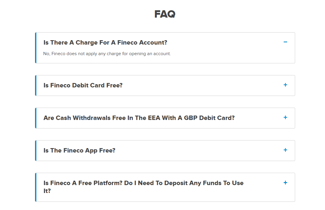 FinecoBank FAQ section.