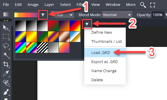 Open dropdown menus in top toolbar to load gradients in DesignScape