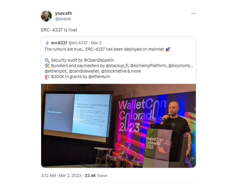 Йоава Вайс объявил, что стандарт ERC-4337 развернут в основной сети Ethereum. Скрин из Твиттера