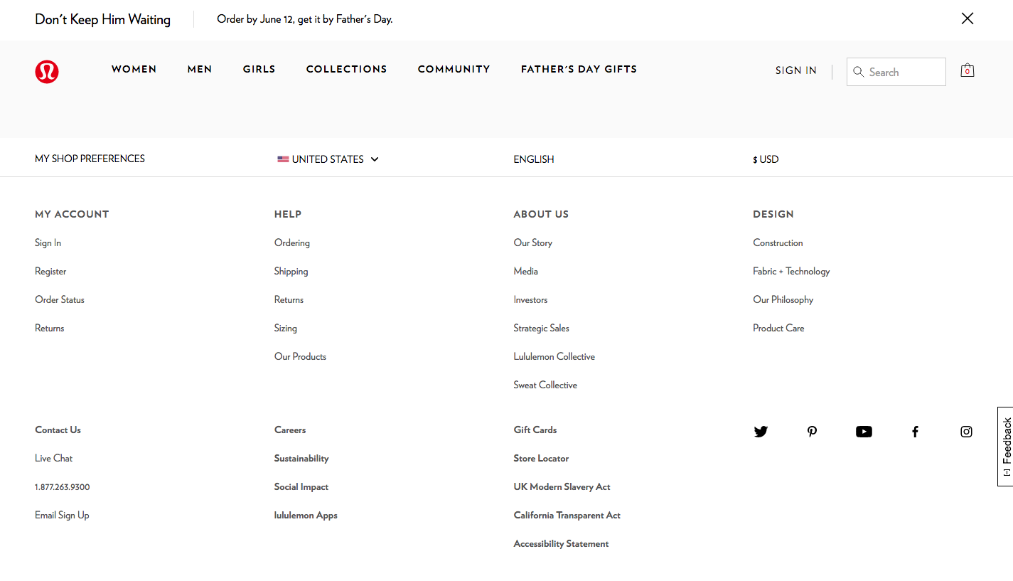 Lululemon's footer design with expansive navigation