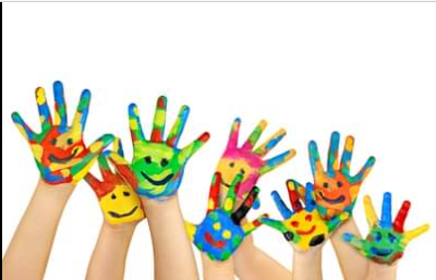 Picture of childrens hands painted with colorful smiles on them. 