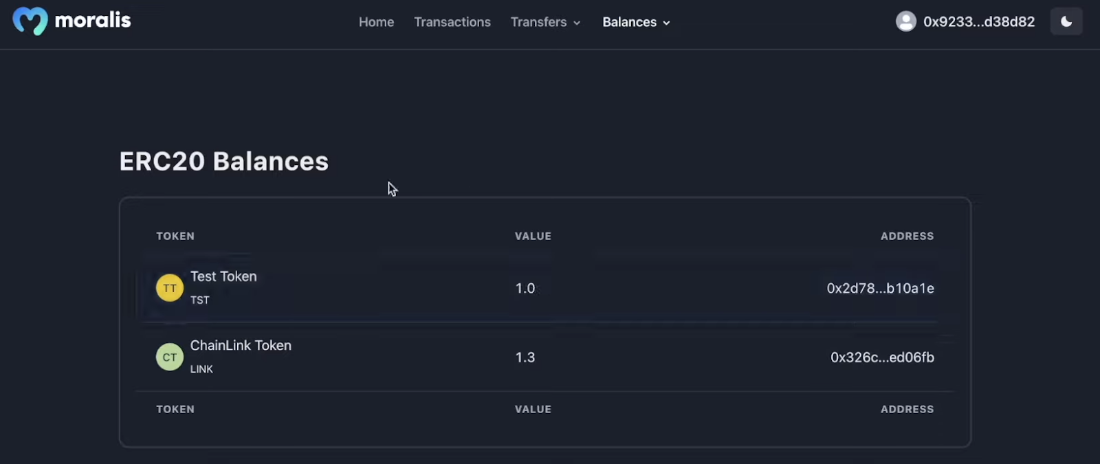 A table displaying ERC-20 balances for the user.