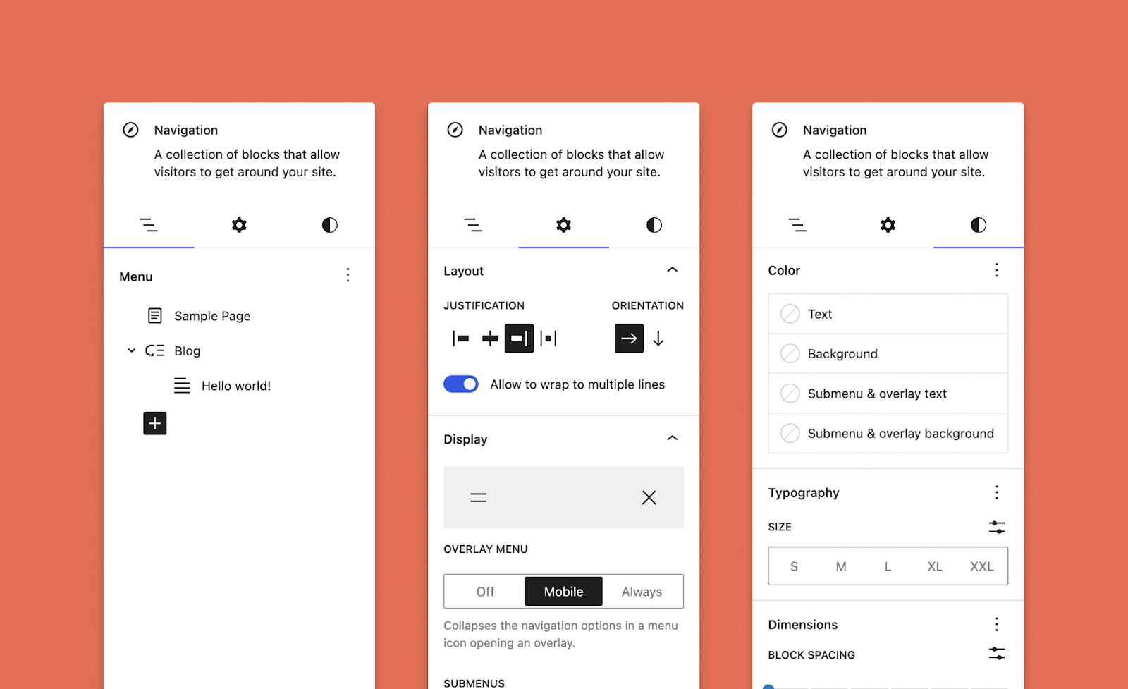 Three images of the split settings as part of the navigation block on an orange background. 