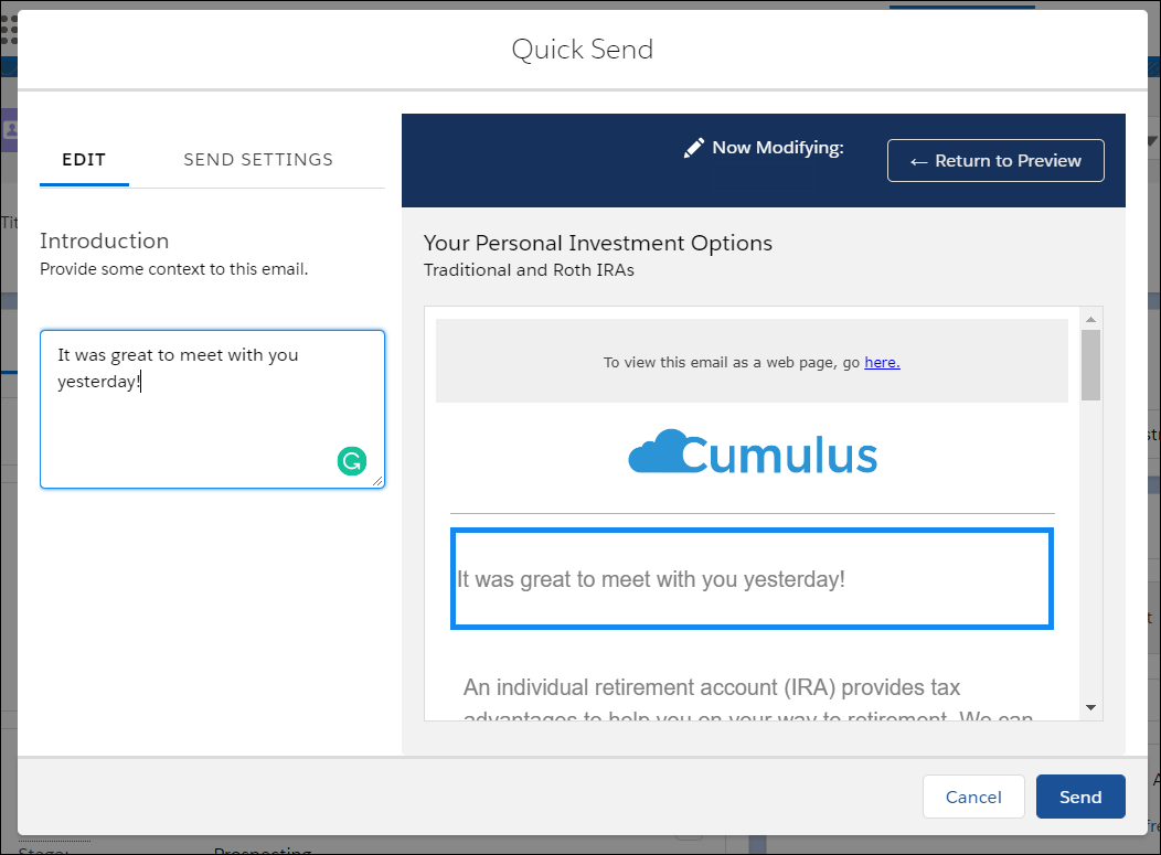 The Quick Send window with new text added to the Introduction block and the preview showing the new text.