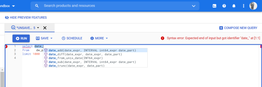 BigQuery UI tabs