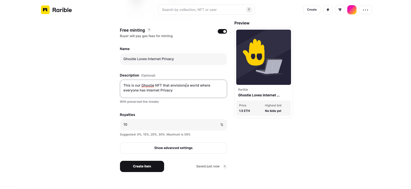Rarible NFT creation webpage with a section to fill in the name and description of the NFT, and also specify the royalty the creator wishes to earn from future sales