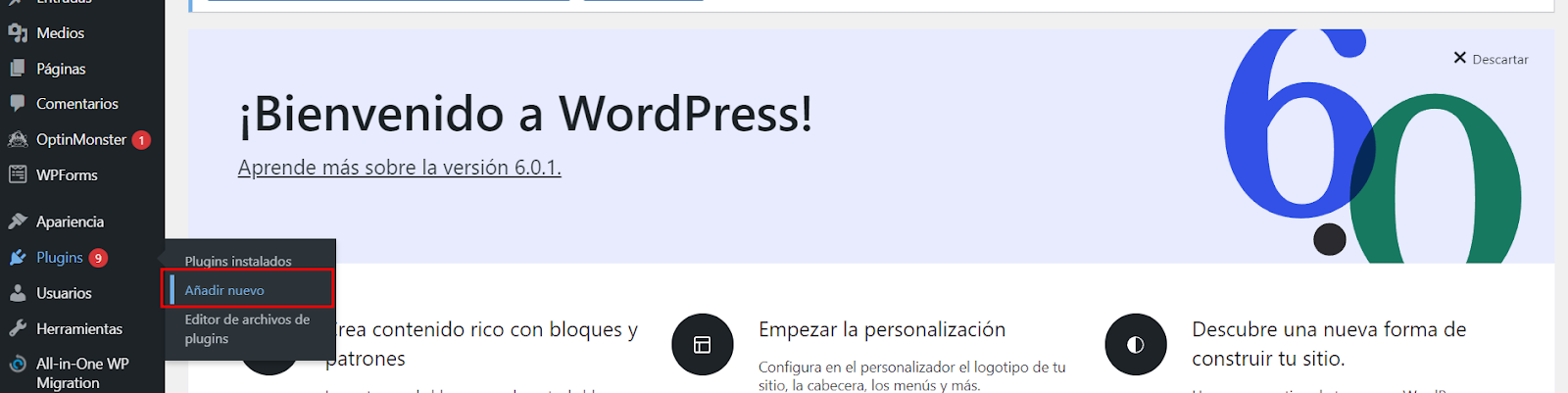Sección para añadir plugin en WordPress