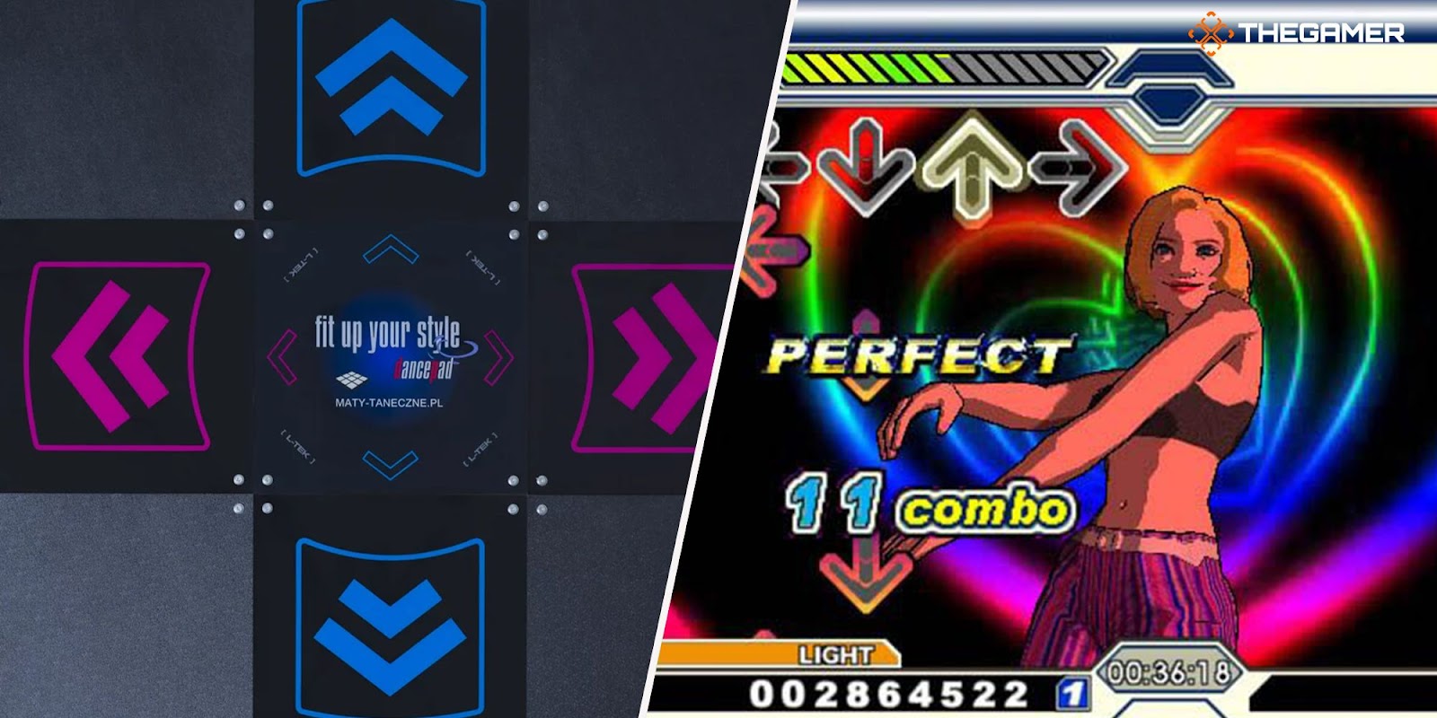 [Panel 1] An L-Tek EX Pro Metal Dance Pad controller. [Panel 2] Lady dancing in front of a colorful heart background in Dance Dance Revolution: Ultramix