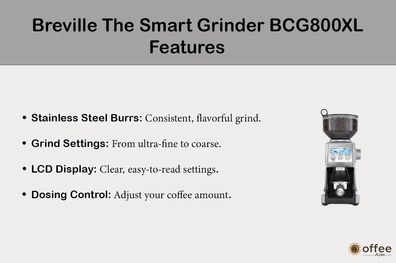 "This graphic showcases the features of 'Breville The Smart Grinder BCG800XL' as highlighted in the 'Breville The Smart Grinder BCG800XL Review' article."