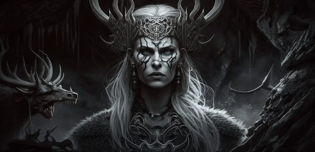 Hel, in the illustration, showcases a monochromatic appearance, as she is entirely grey, with her hair being a dull white hue. Her attire comprises grey fur and horned headwear. Additionally, her eyes are grey, adding to the consistent color scheme.
