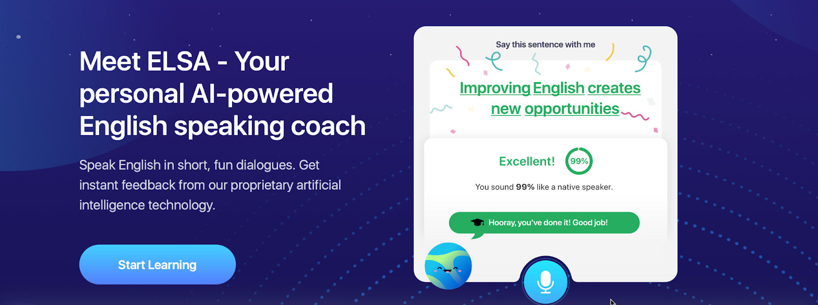 The homepage of ELS that state 'Meet ELSA - Your personal AI-powered English speaking coach'.