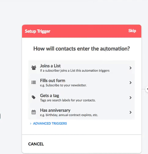 Animated GIF showing different triggers for automations in Automizy