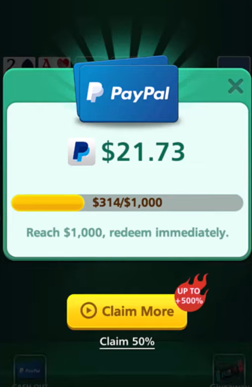 screenshot of money available to redeem in Solitaire Cube