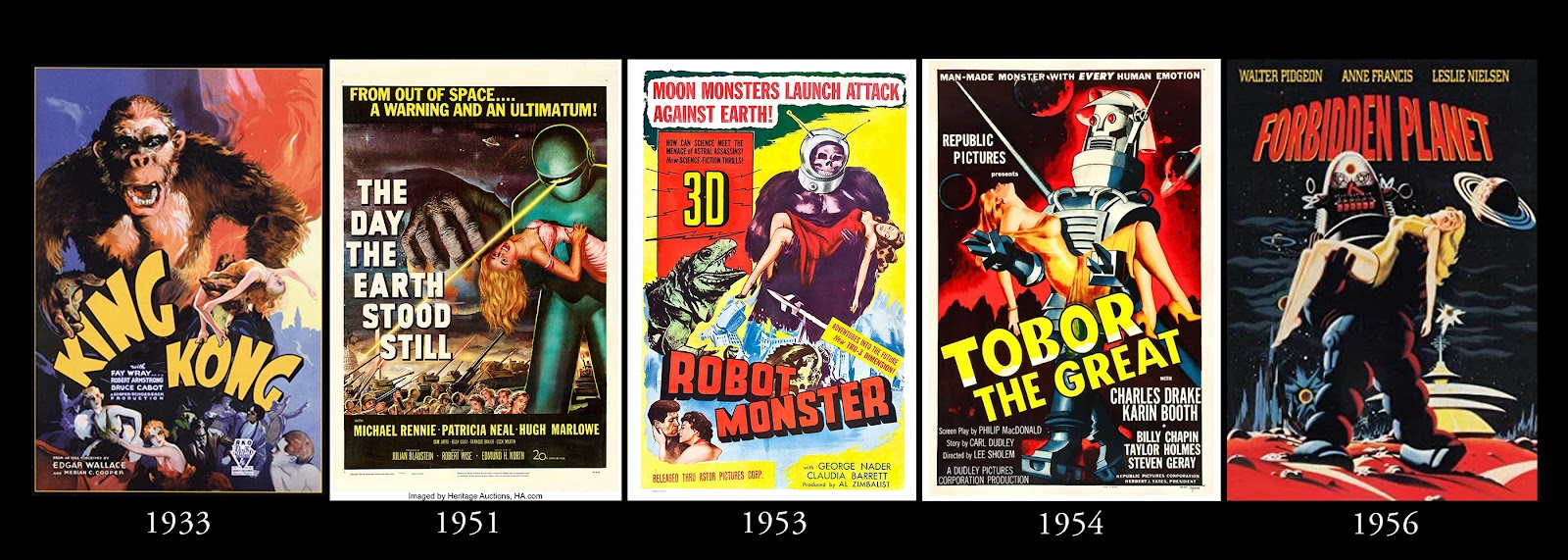 A comparison of poster imagery of movies post-King Kong. They all feature damsels in distress being held by large beasts of robots.