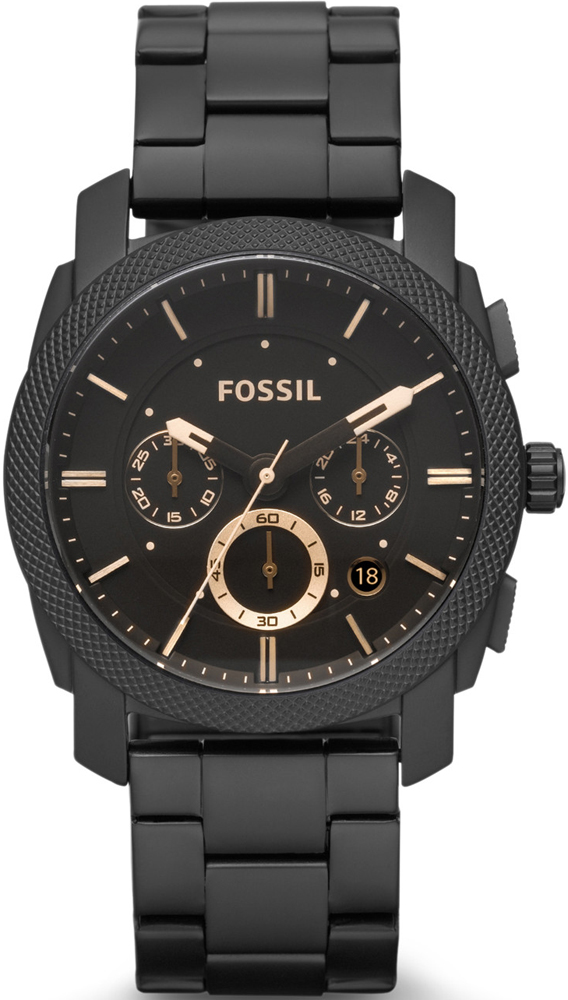 Elegancki, męski zegarek Fossil FS4682 MACHINE na czarnej, klasycznej bransolecie ze stali. Koperta zegarka jest w czarnym kolorze ze stali tak samo jak bransoleta. Analogowa tarcza jest w czarnym kolorze z indeksami i subtarczami w kolorze różowego złota.