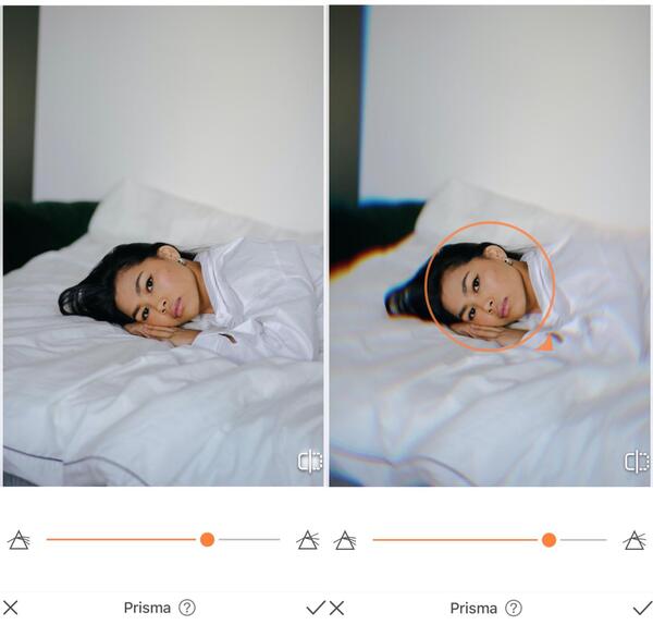 Foto de uma mulher asiática deitada na cama sendo editada pelo AirBrush com a ferramenta Prisma. 
