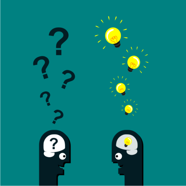Two abstract-stylized people talking with question marks and lightbulbs over their heads.