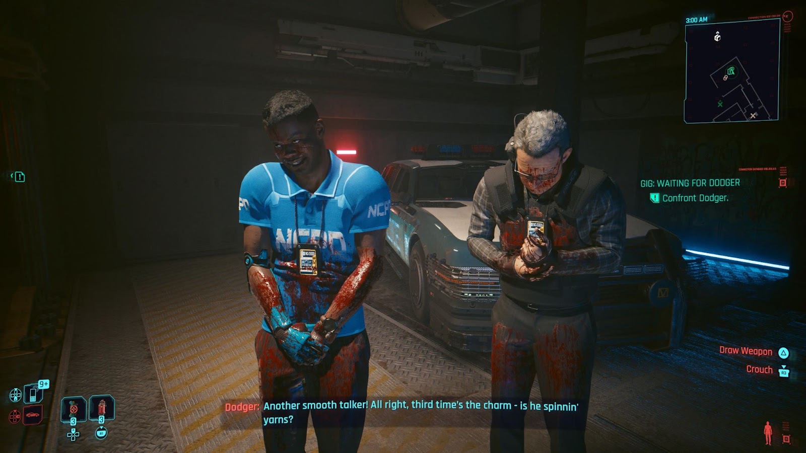 An in game screenshot of Bill and Charlie from the game Cyberpunk 2077. 