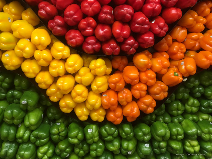 Many green, yellow, red and orange peppers arranged by colour