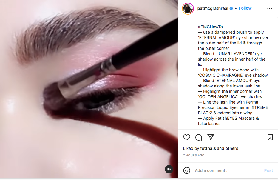 A screenshot of Pat McGrath's Instagram social media copy, where she explains how to apply an