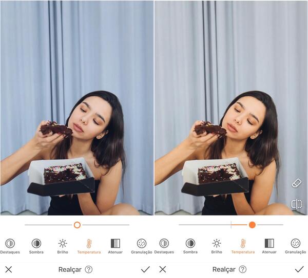Mulher comendo um bolo de chocolate sendo editada pelo AirBrush com a ferramenta Realçar
