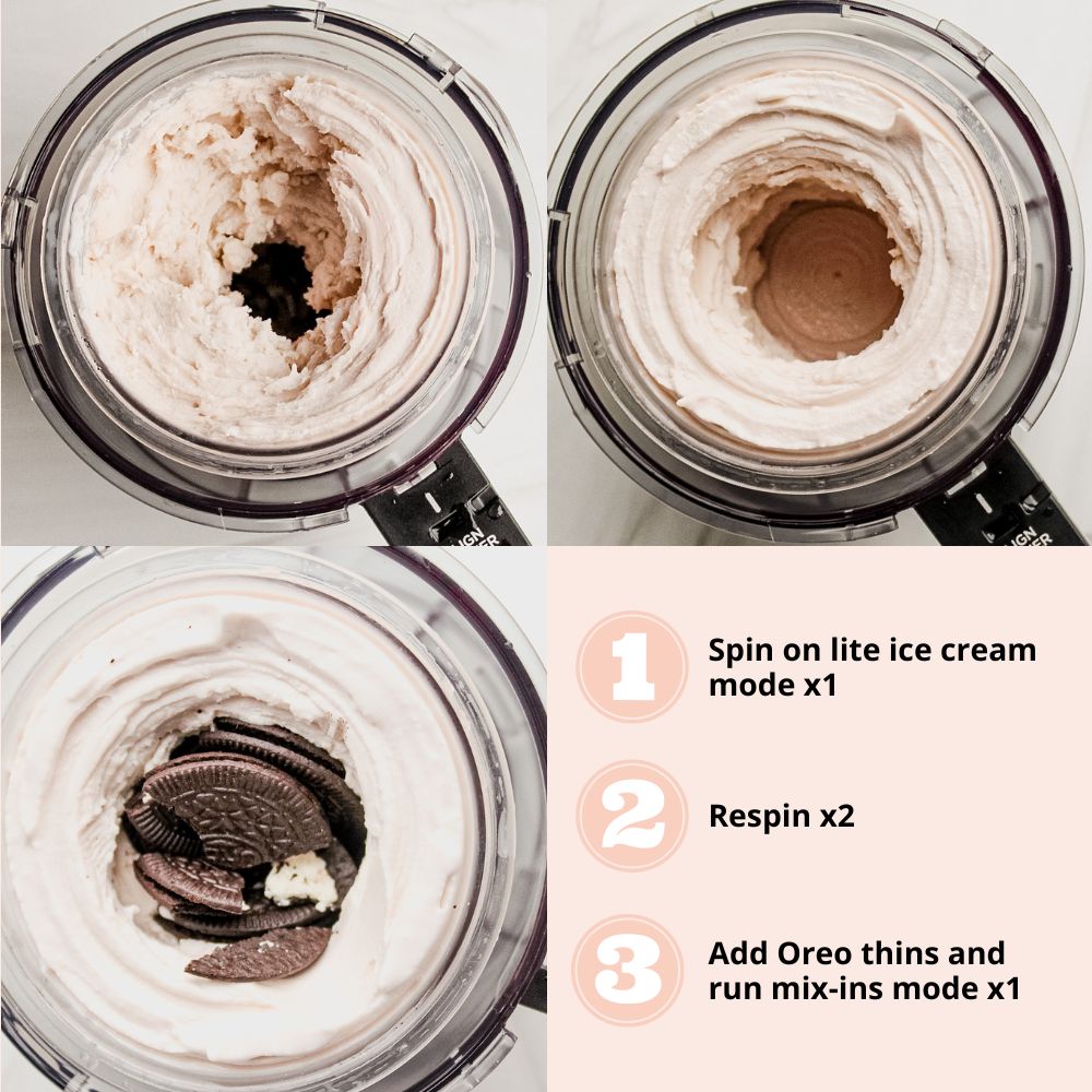 Grid-style pictures of the first 3 steps of making cookies and cream ice cream in the ninja creami ice cream maker.