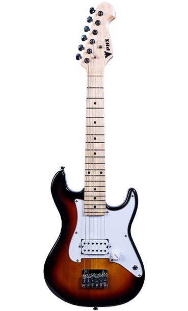 Guitarra da PHX, modelo ISTH-H e cor sunburst, em pé contra fundo branco: com 86 cm de comprimento e escala reduzida, é ideal para aprendizado das crianças.
