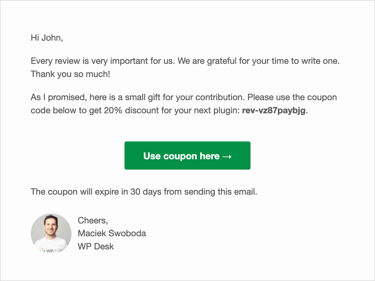 screenshot of an email sent from Maciek Swoboda from WP Desk offering a coupon
