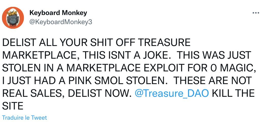 Keyboard Monkey met en garde de délister les NFT en vente sur Treasure