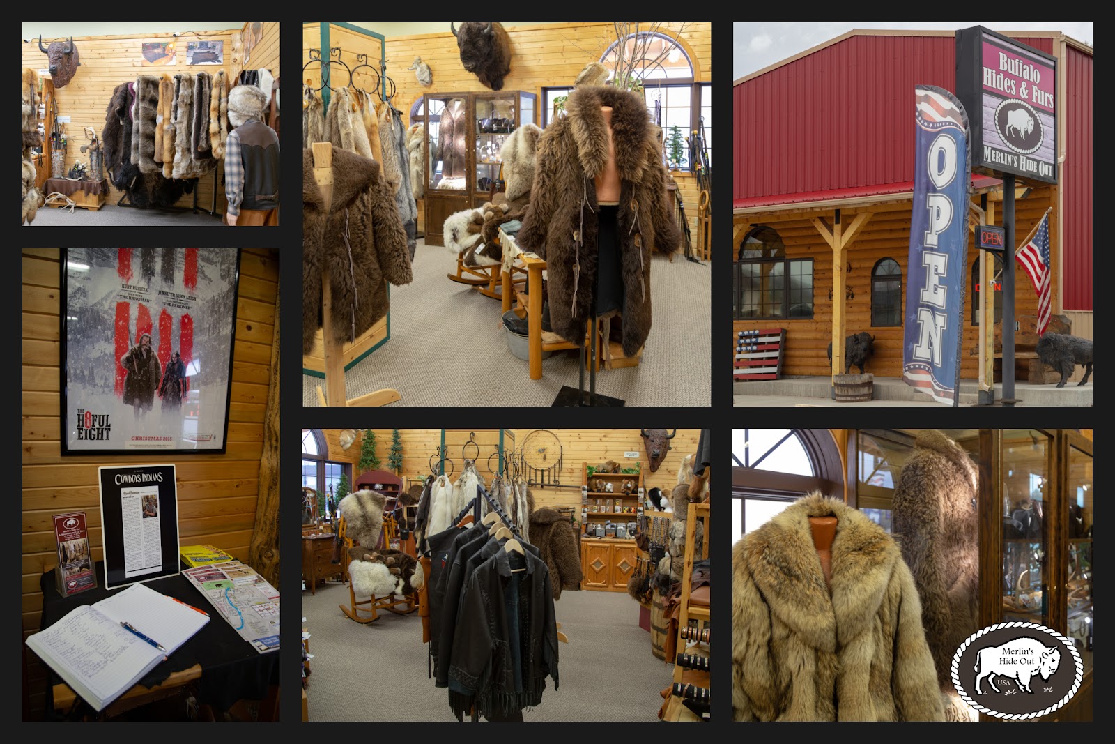 Collage of images showing the Merlin's Hide Out showroom. Fur coats, hats, rugs, and more.