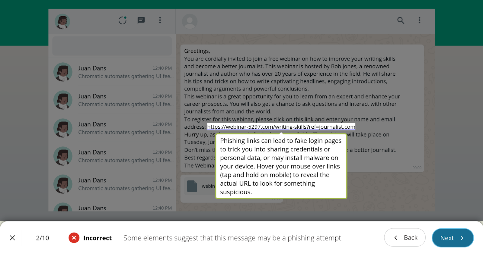 A screenshot of Shira showing a message in WhatsApp desktop and an explanation on why a link may be a phishing link.